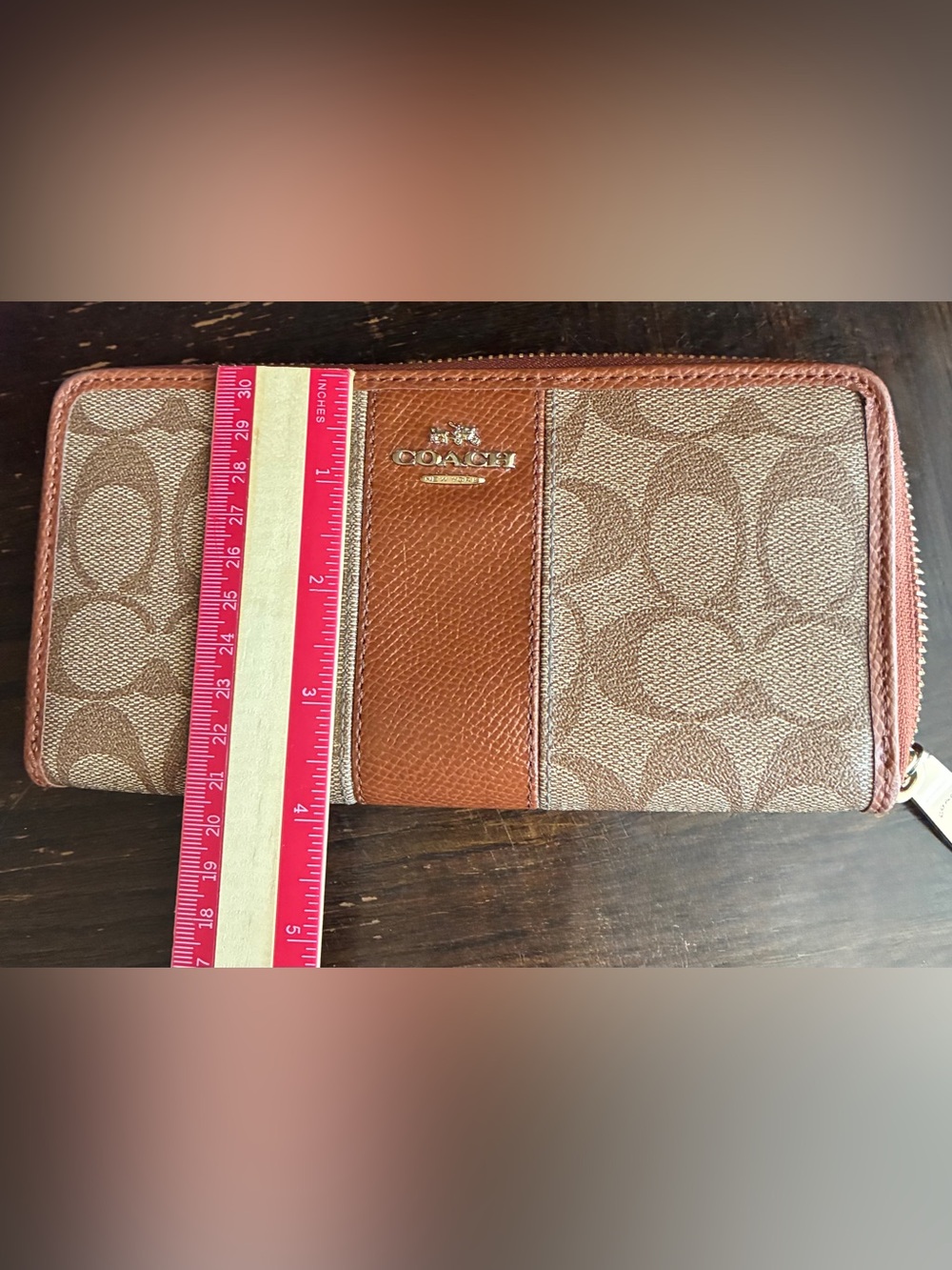 Coach Two-Tone Signature Zip Wallet in Tan and Brown - Picture 4 of 10